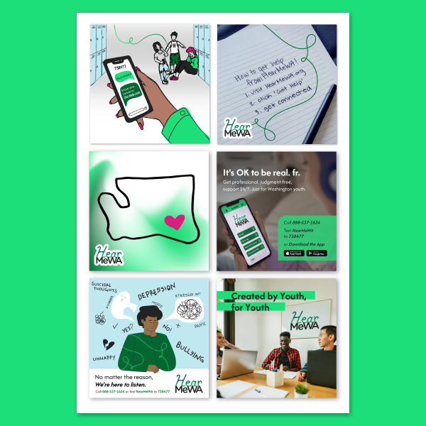 Six instagram/facebook post artwork featuring photos and illustrations on a green background. 