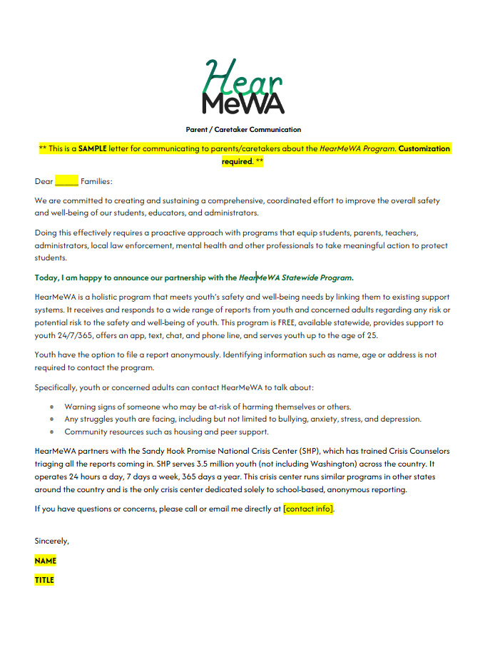 Letter template with the HearMeWA logo at the top and areas highlighted in yellow throughout the page.