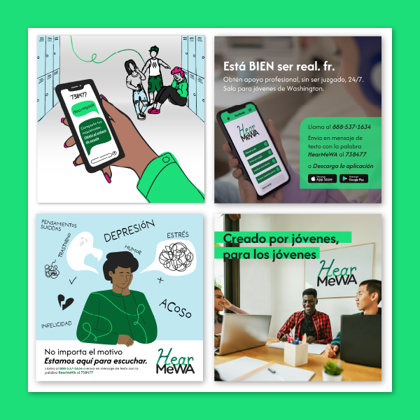 Six instagram/facebook post artwork featuring photos and illustrations on a green background. 